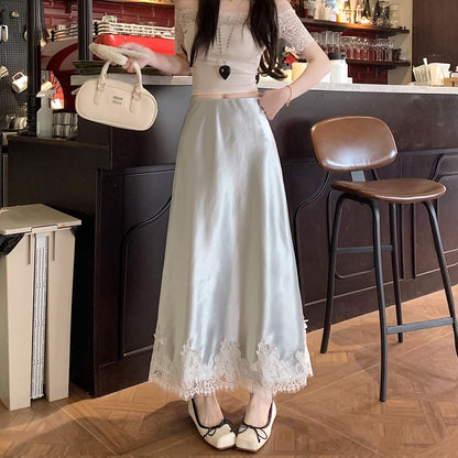 Lace Midi Panel Skirt Satin High Rise A-Line