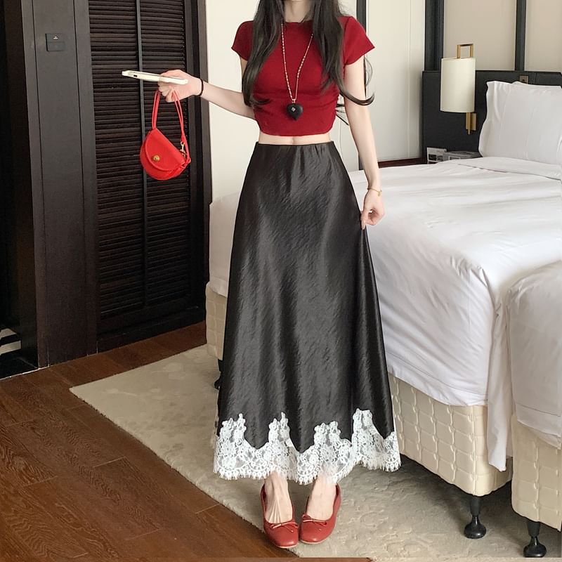 Lace Midi Panel Skirt Satin High Rise A-Line