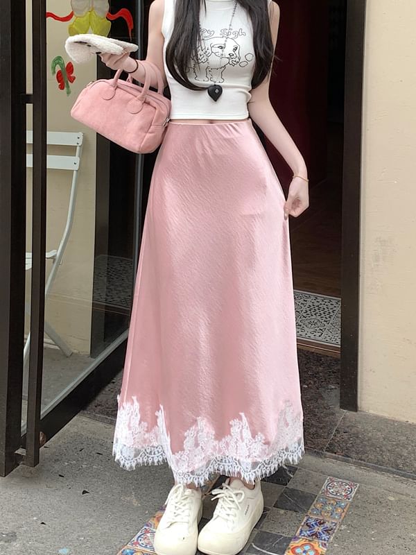 Lace Midi Panel Skirt Satin High Rise A-Line
