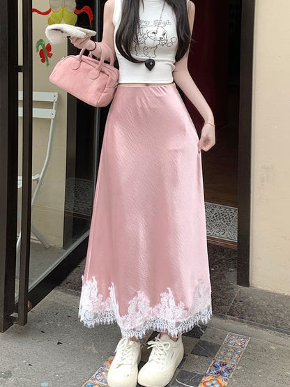 Lace Midi Panel Skirt Satin High Rise A-Line