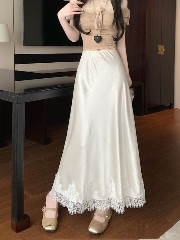 Lace Midi Panel Skirt Satin High Rise A-Line