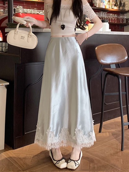 Lace Midi Panel Skirt Satin High Rise A-Line