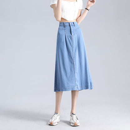 Waist Denim Midi A-Line High Skirt