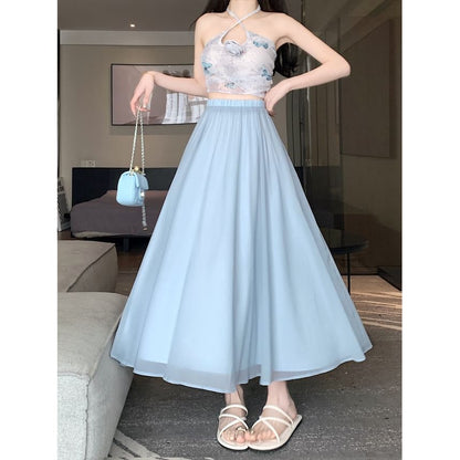 A-Line High Skirt Midi Rise Plain Mesh