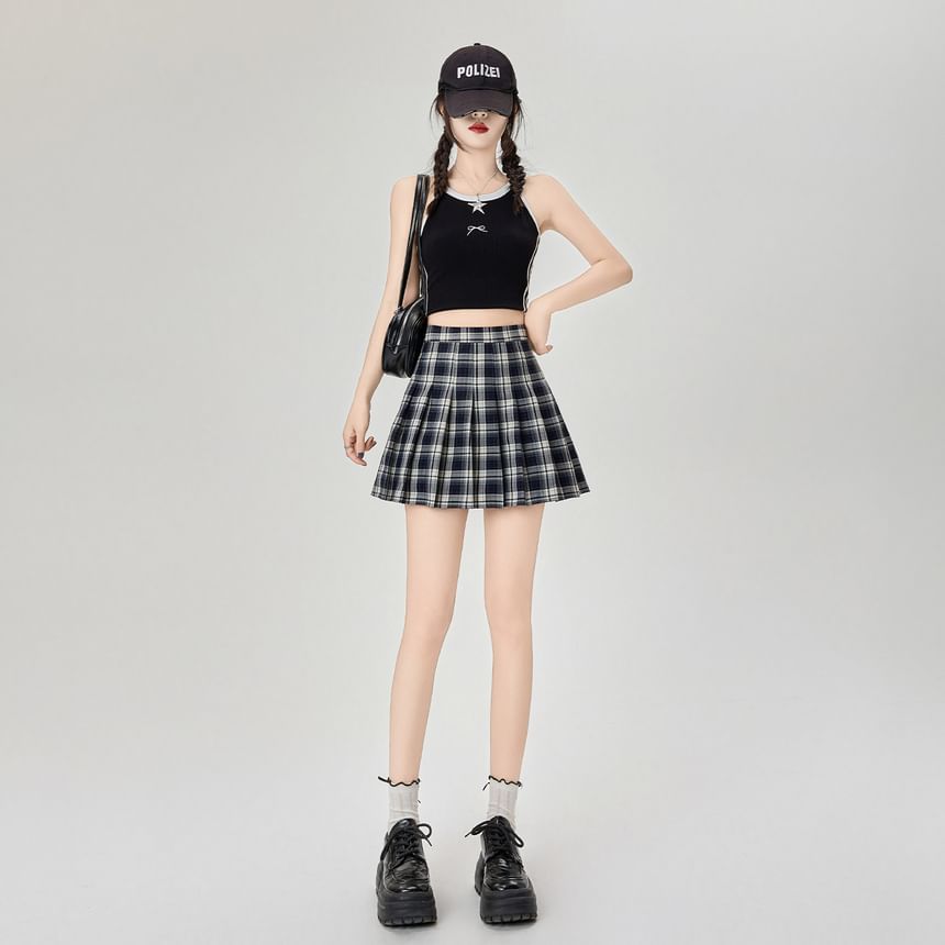 A-Line Skirt Mini Plaid Rise High Pleated
