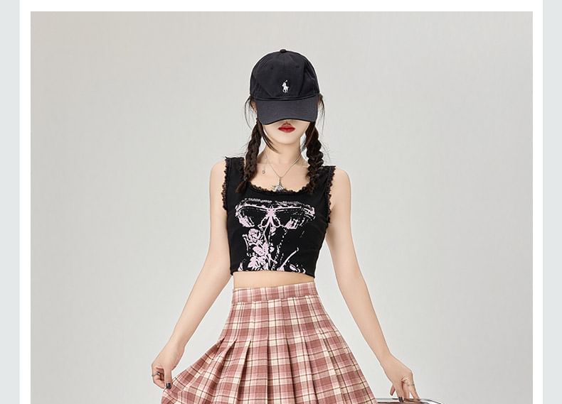 A-Line Skirt Mini Plaid Rise High Pleated