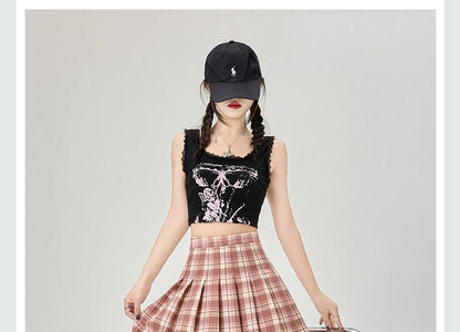 A-Line Skirt Mini Plaid Rise High Pleated