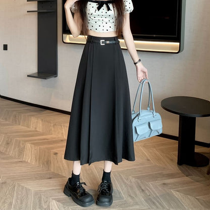 High Pleated Midi Rise Skirt Plain A-Line