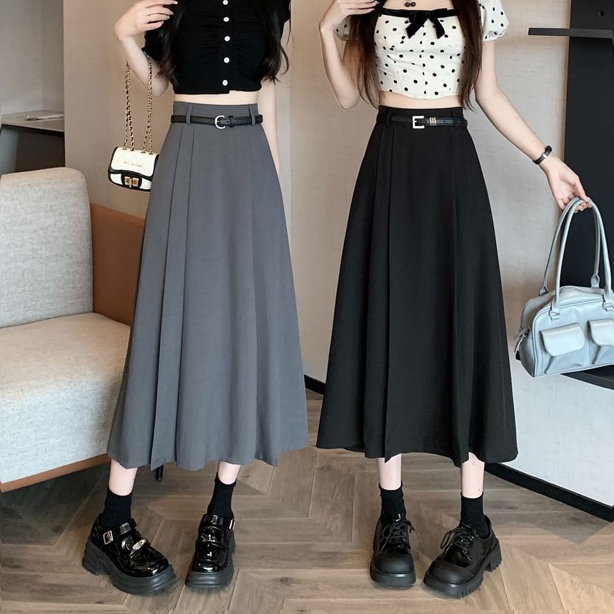 High Pleated Midi Rise Skirt Plain A-Line