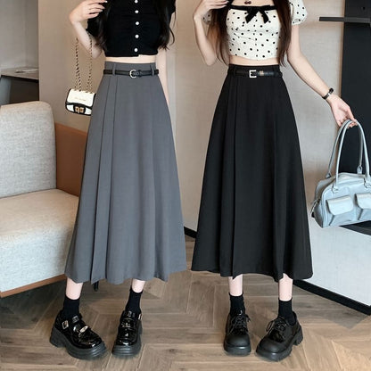 High Pleated Midi Rise Skirt Plain A-Line