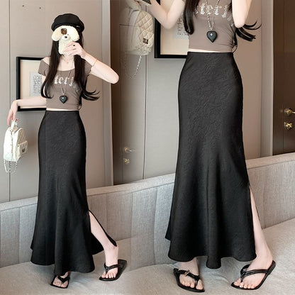 Fishtail Slit Maxi Satin High Plain Rise Skirt