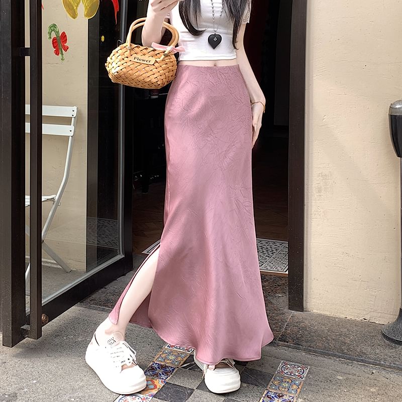 Fishtail Slit Maxi Satin High Plain Rise Skirt
