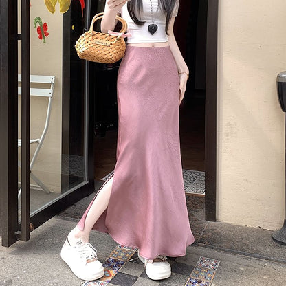 Fishtail Slit Maxi Satin High Plain Rise Skirt