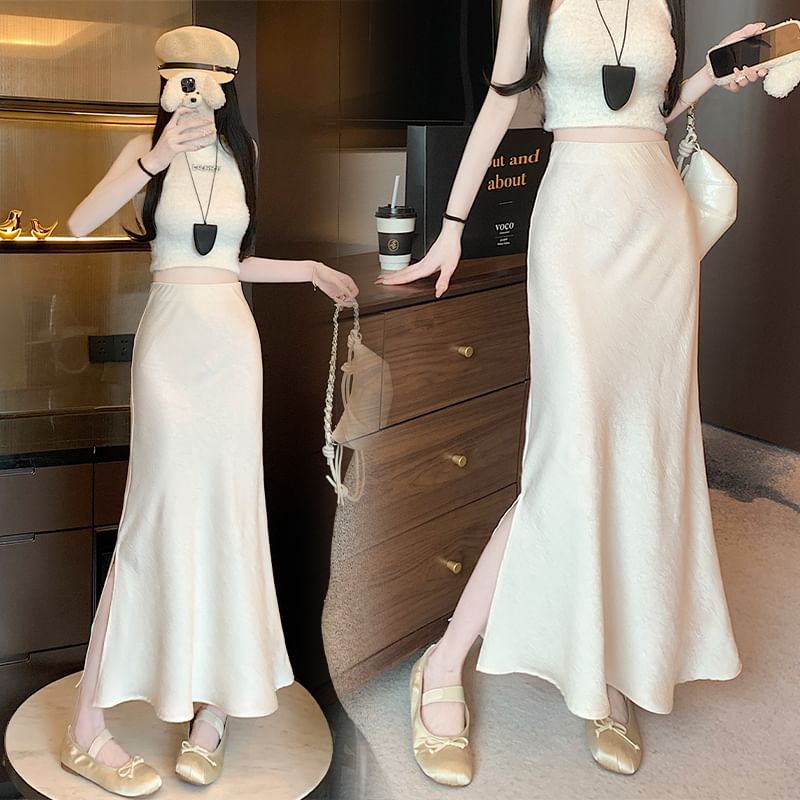 Fishtail Slit Maxi Satin High Plain Rise Skirt