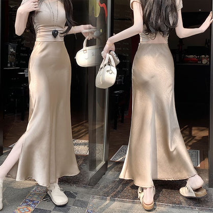 Fishtail Slit Maxi Satin High Plain Rise Skirt