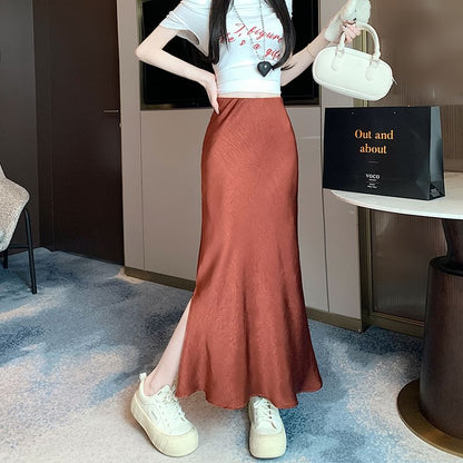 Fishtail Slit Maxi Satin High Plain Rise Skirt