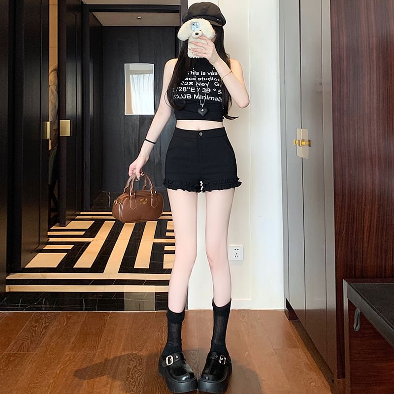 Frill Pants Plain High Waist Hot Trim