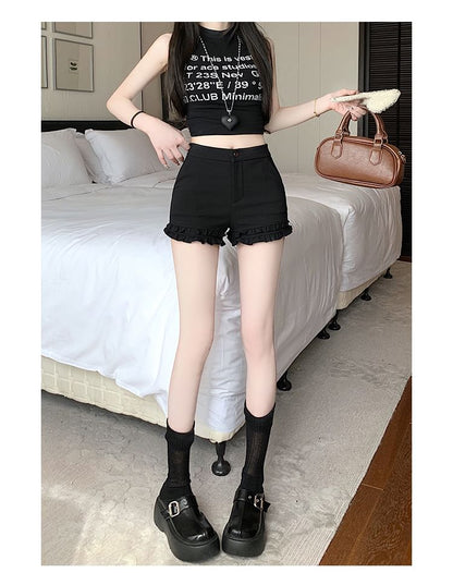 Frill Pants Plain High Waist Hot Trim