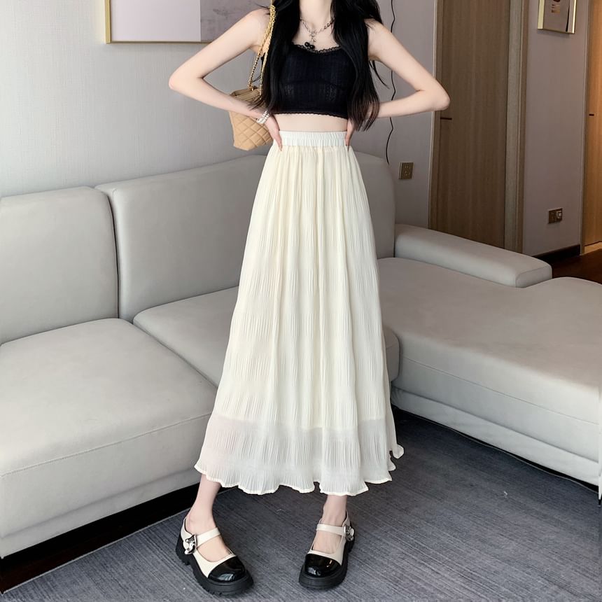 Plain Skirt Crinkle High A-Line Waist Midi