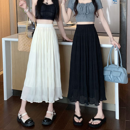 Plain Skirt Crinkle High A-Line Waist Midi