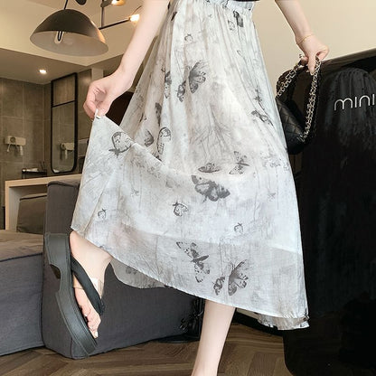 High A-Line Midi Butterfly Skirt Print Rise