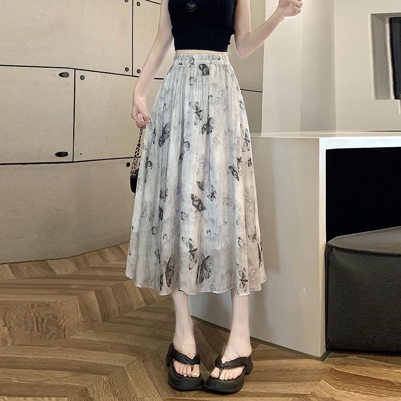 High A-Line Midi Butterfly Skirt Print Rise
