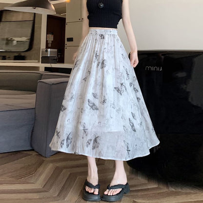 High A-Line Midi Butterfly Skirt Print Rise