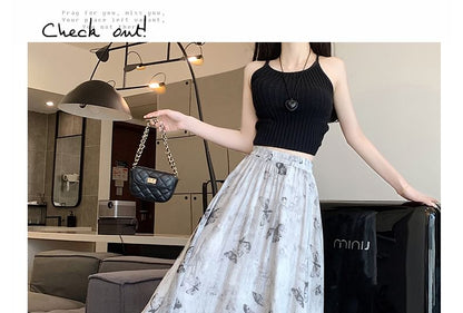 High A-Line Midi Butterfly Skirt Print Rise