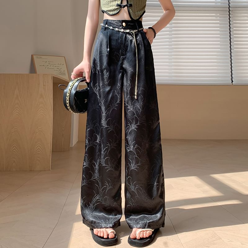 Wide Waist Satin High Pants Jacquard Leg