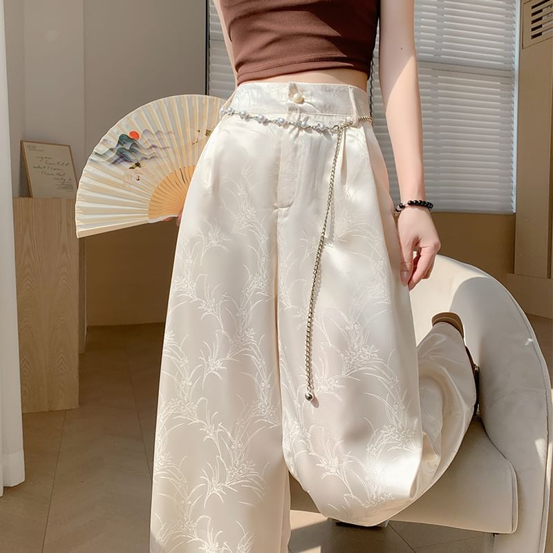Wide Waist Satin High Pants Jacquard Leg