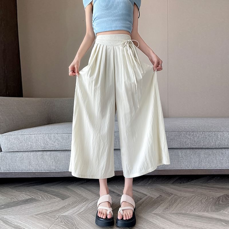 Plain Cropped Waist Pleated High Culottes