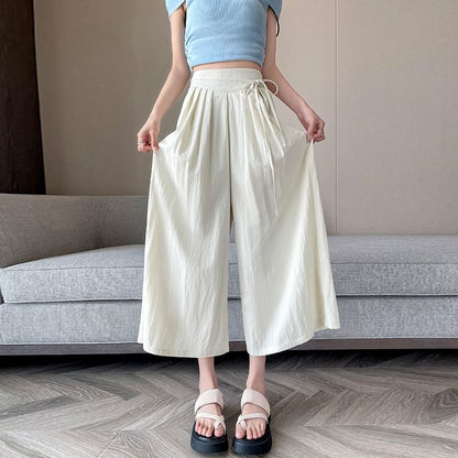 Plain Cropped Waist Pleated High Culottes