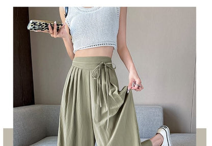 Plain Cropped Waist Pleated High Culottes