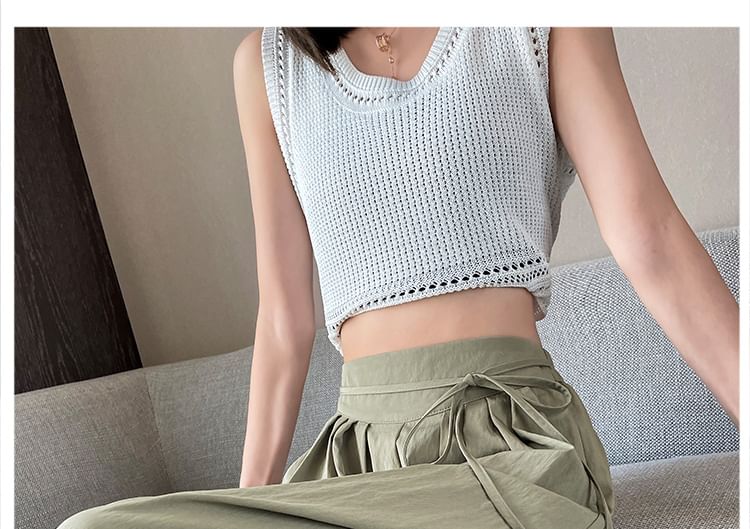 Plain Cropped Waist Pleated High Culottes