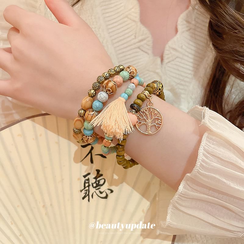 Faux (Various / Gemstone Set Bracelet Tassel Bead Designs) Wooden