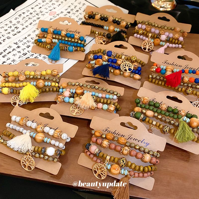 Faux (Various / Gemstone Set Bracelet Tassel Bead Designs) Wooden