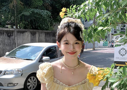 Lace Dress Square Bow Ruffle Neck A-Line Short Sleeve Mini Panel