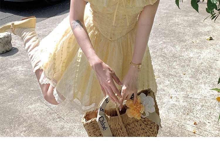 Lace Dress Square Bow Ruffle Neck A-Line Short Sleeve Mini Panel