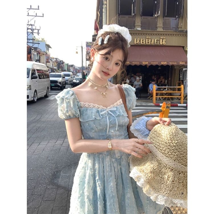 Lace Dress Square Bow Ruffle Neck A-Line Short Sleeve Mini Panel