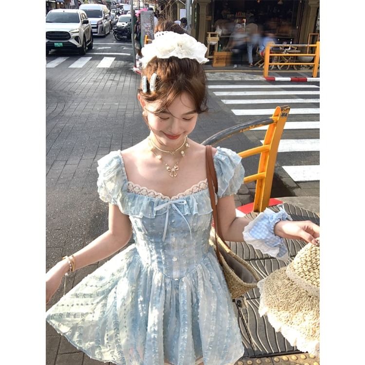 Lace Dress Square Bow Ruffle Neck A-Line Short Sleeve Mini Panel