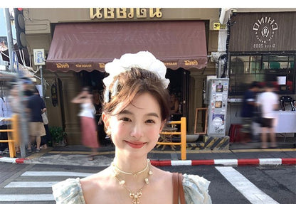 Lace Dress Square Bow Ruffle Neck A-Line Short Sleeve Mini Panel