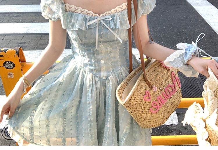 Lace Dress Square Bow Ruffle Neck A-Line Short Sleeve Mini Panel