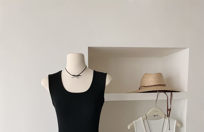 Sleeveless Dress Mini Plain A-Line Neck Ribbed Scoop