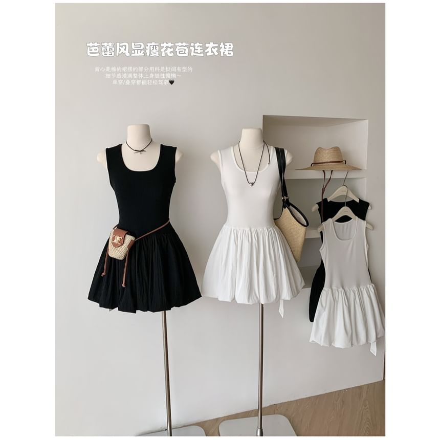 Sleeveless Dress Mini Plain A-Line Neck Ribbed Scoop