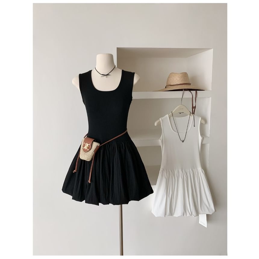 Sleeveless Dress Mini Plain A-Line Neck Ribbed Scoop