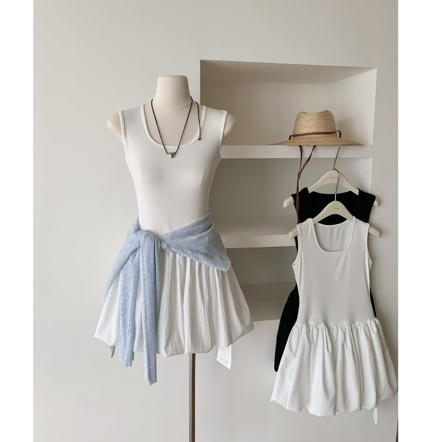 Sleeveless Dress Mini Plain A-Line Neck Ribbed Scoop