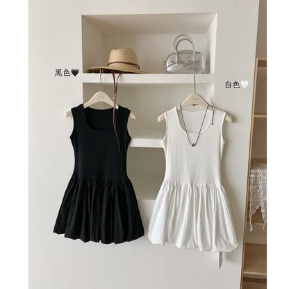 Sleeveless Dress Mini Plain A-Line Neck Ribbed Scoop