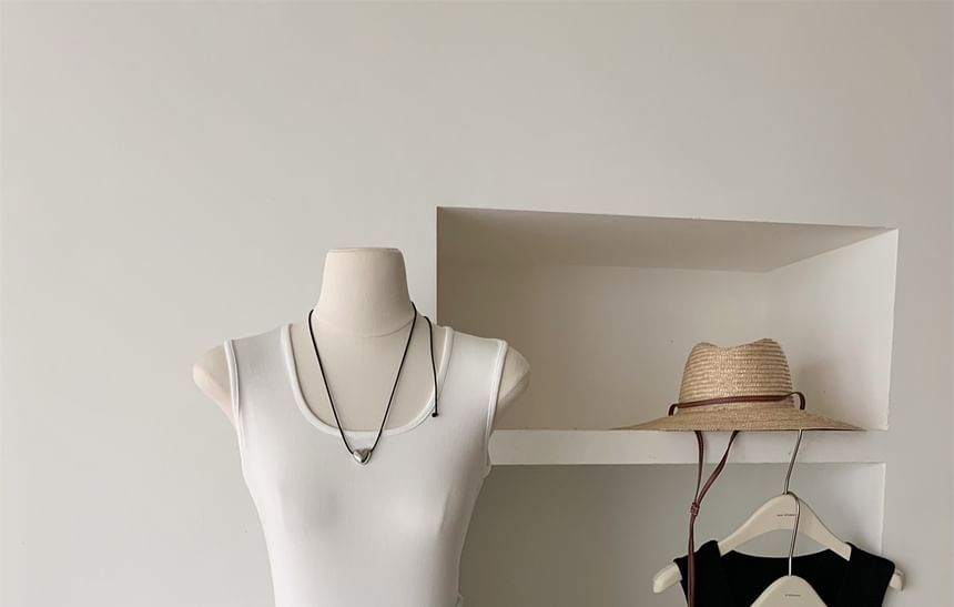 Sleeveless Dress Mini Plain A-Line Neck Ribbed Scoop