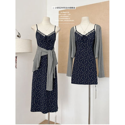 Set: + Strap Floral Open (Various Plain Spaghetti Lace Dress Trim Front A-Line V-Neck Print Designs) Cardigan