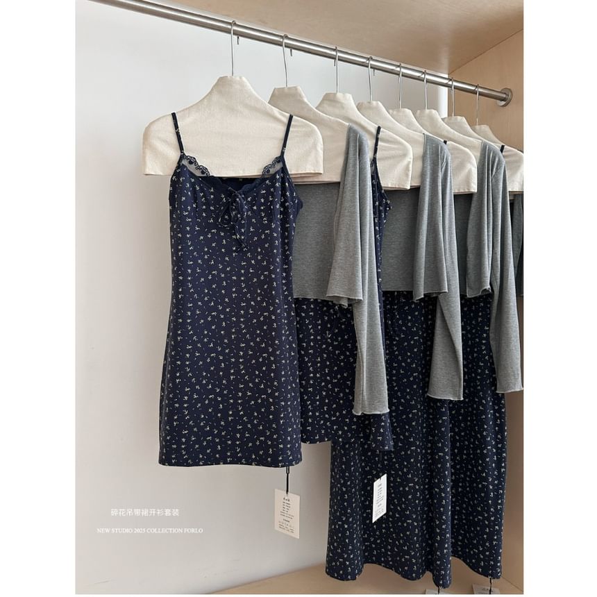 Set: + Strap Floral Open (Various Plain Spaghetti Lace Dress Trim Front A-Line V-Neck Print Designs) Cardigan